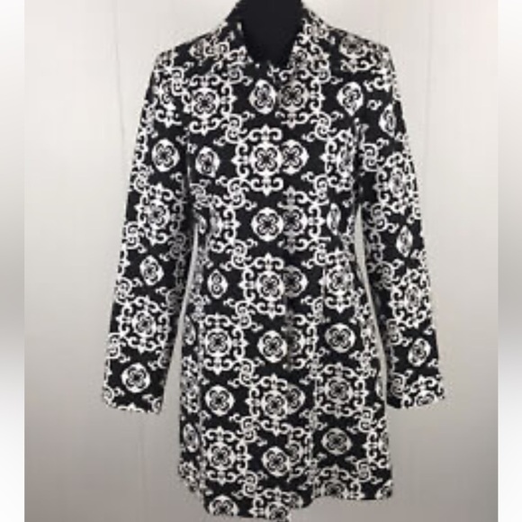 Adrienne Vittadini Midi Trench Coat Black White Button Front - Picture 3 of 17